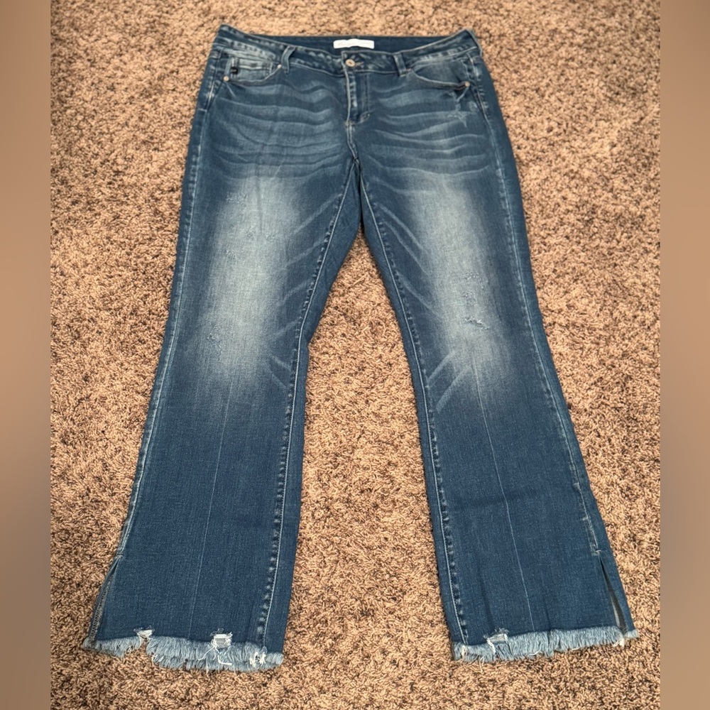 KanCan Dark Blue Flare Jeans with Frayed Hem